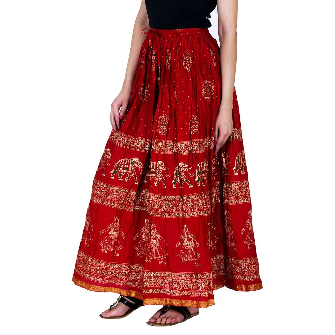 Stylish Cotton Red Kalamkari Print Skirt For Women