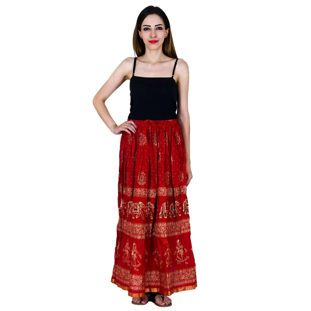 Stylish Cotton Red Kalamkari Print Skirt For Women