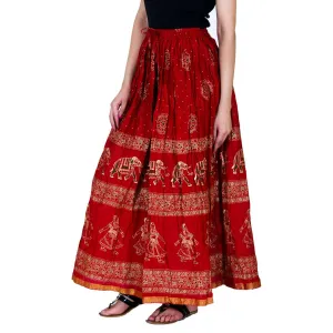 Stylish Cotton Red Kalamkari Print Skirt For Women