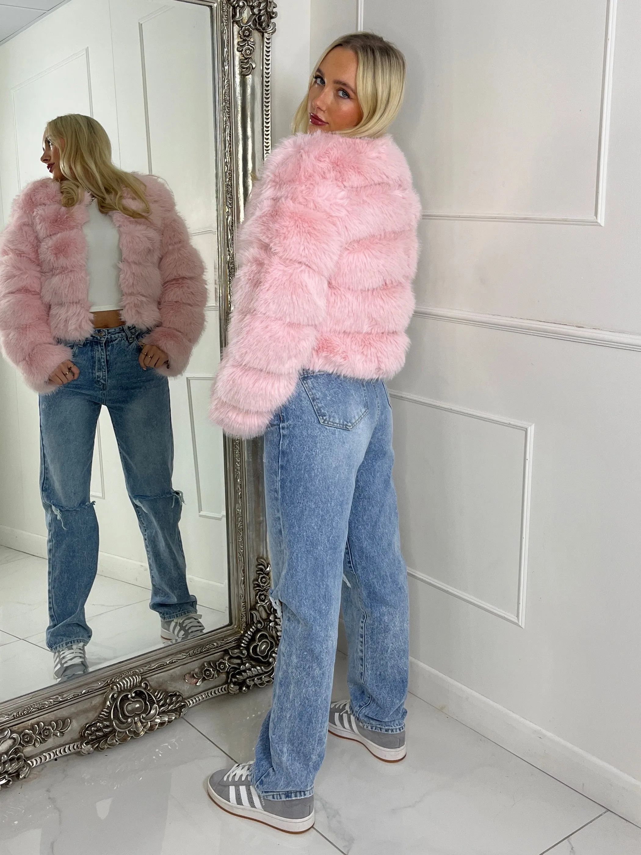 Tiered Faux Fur Jacket - Baby Pink