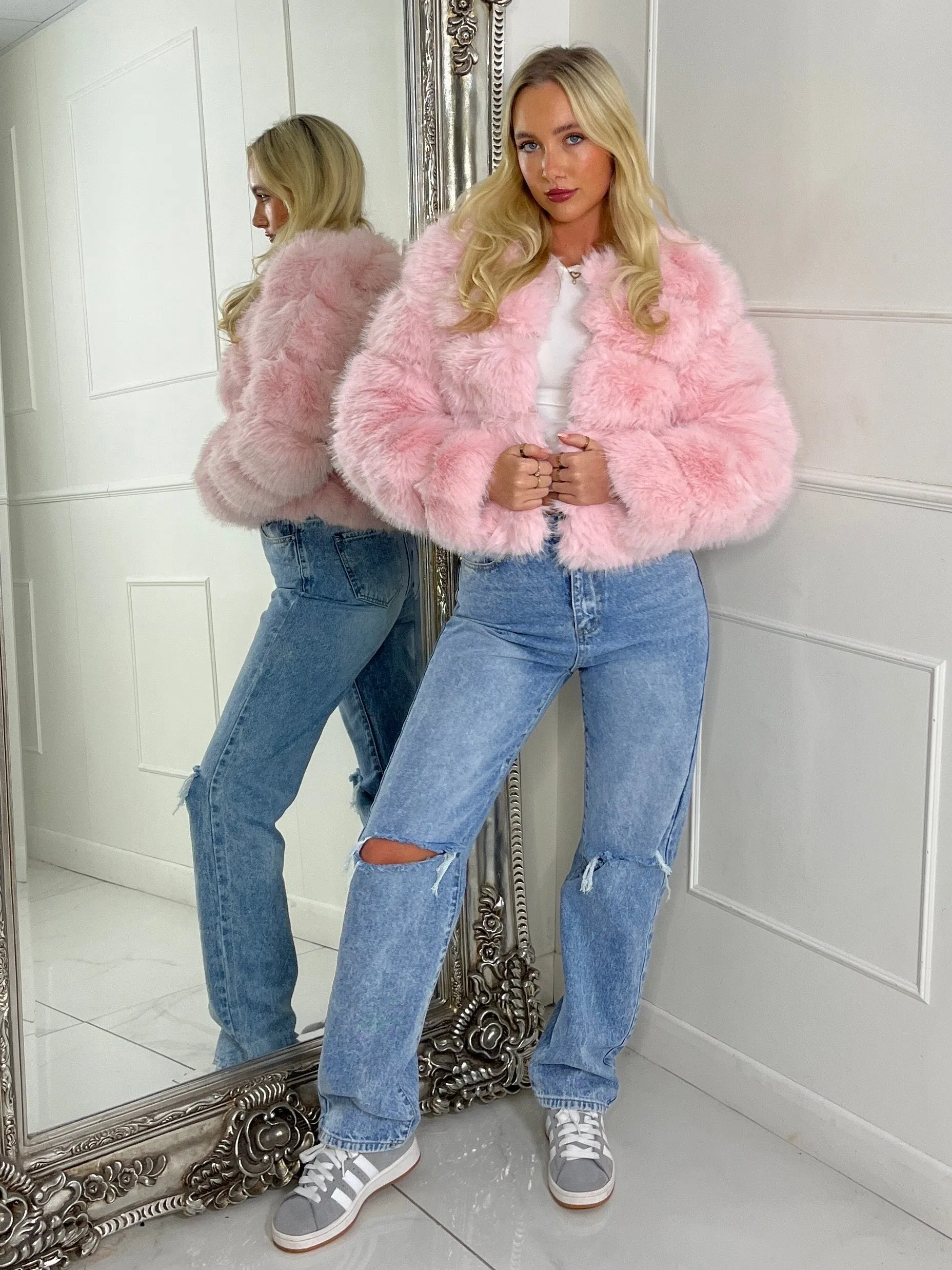 Tiered Faux Fur Jacket - Baby Pink