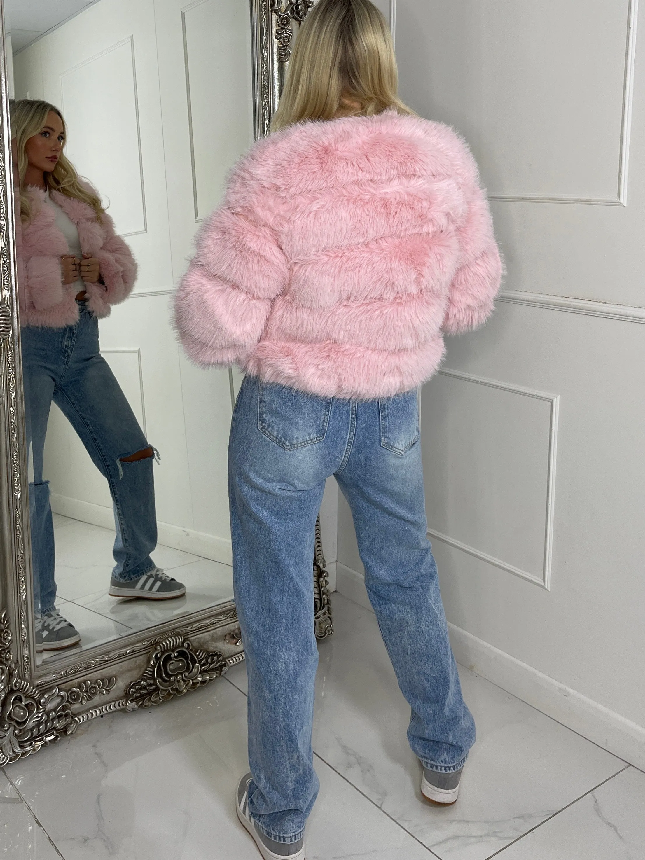 Tiered Faux Fur Jacket - Baby Pink