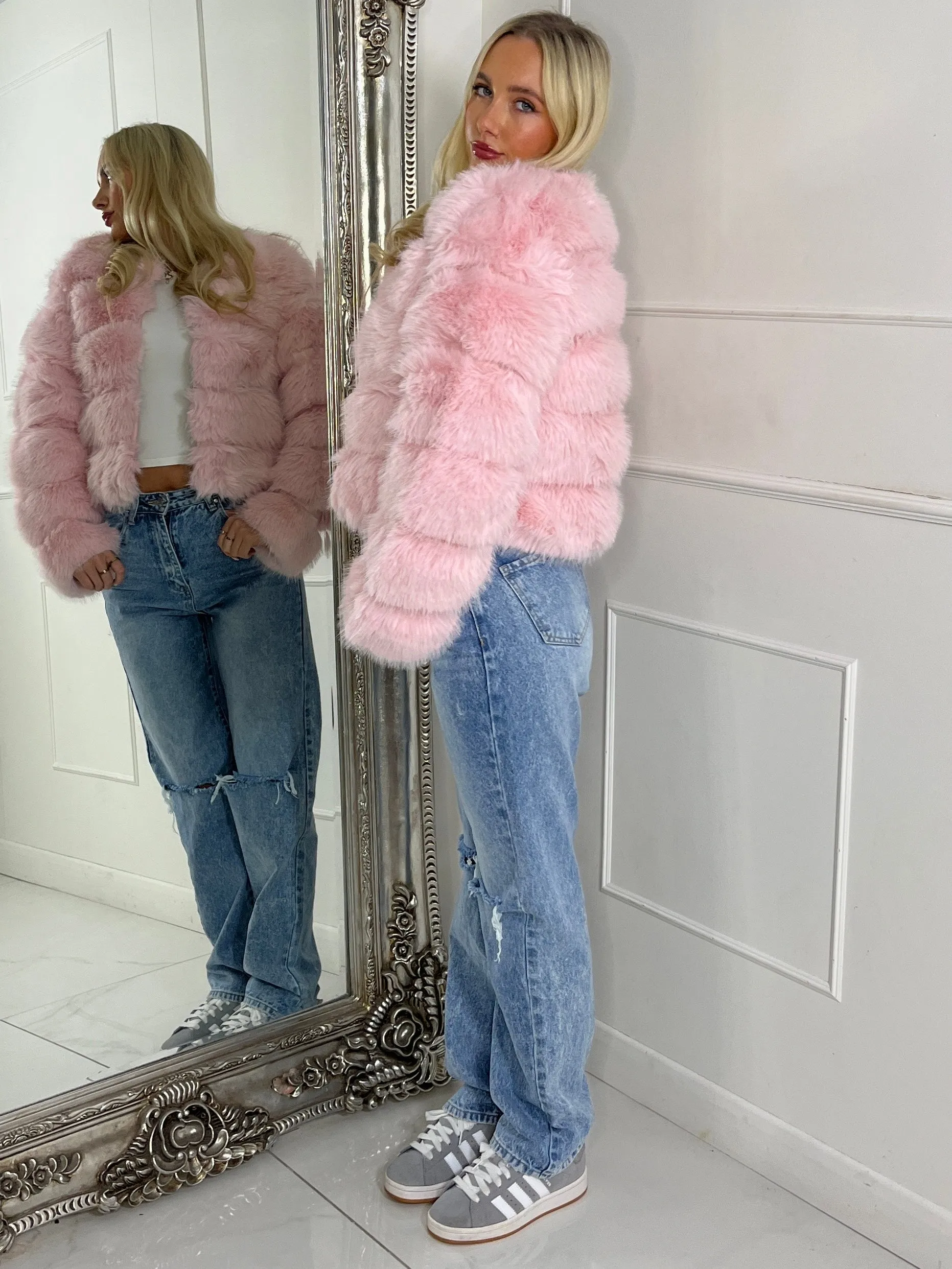 Tiered Faux Fur Jacket - Baby Pink