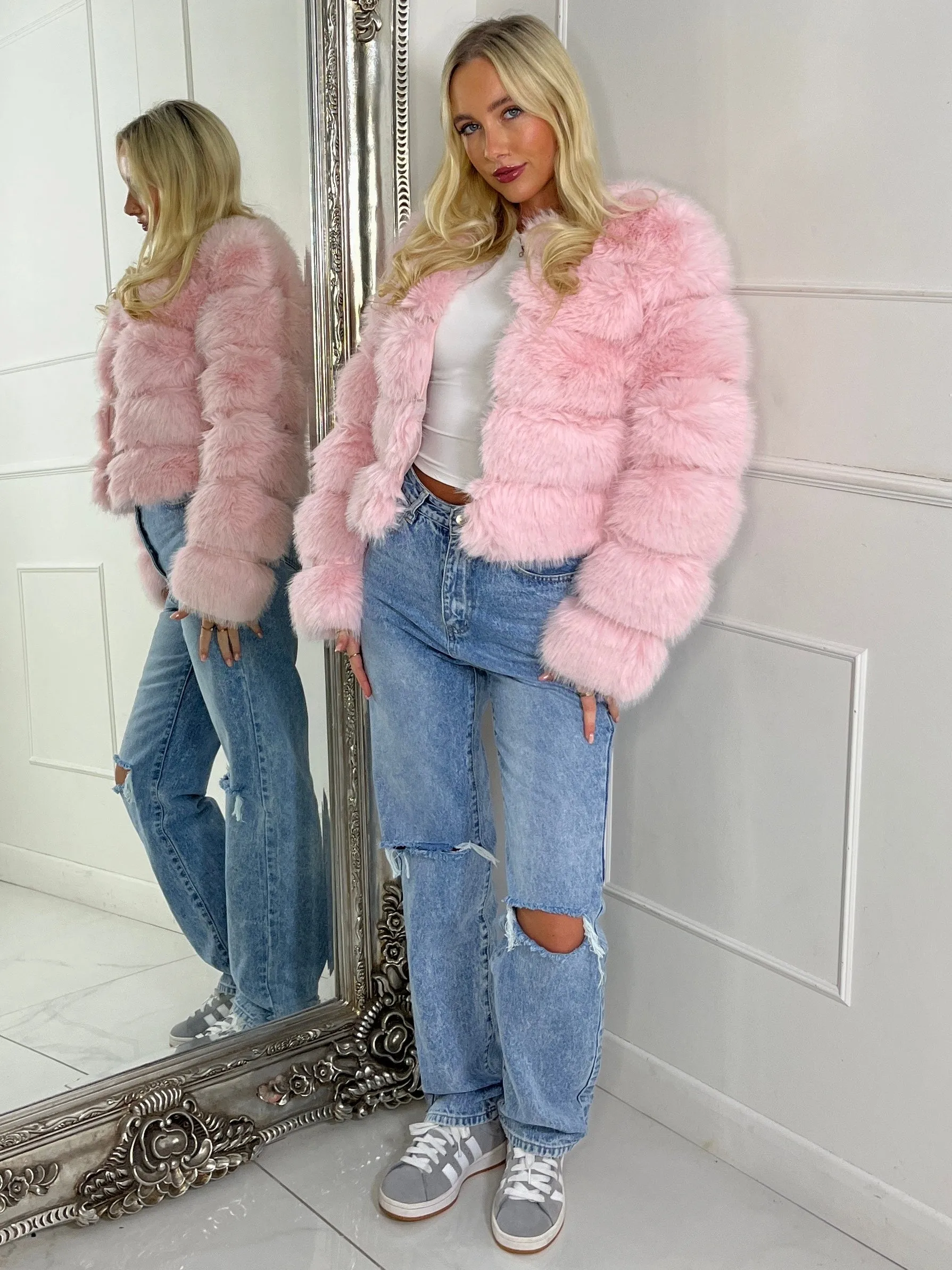 Tiered Faux Fur Jacket - Baby Pink