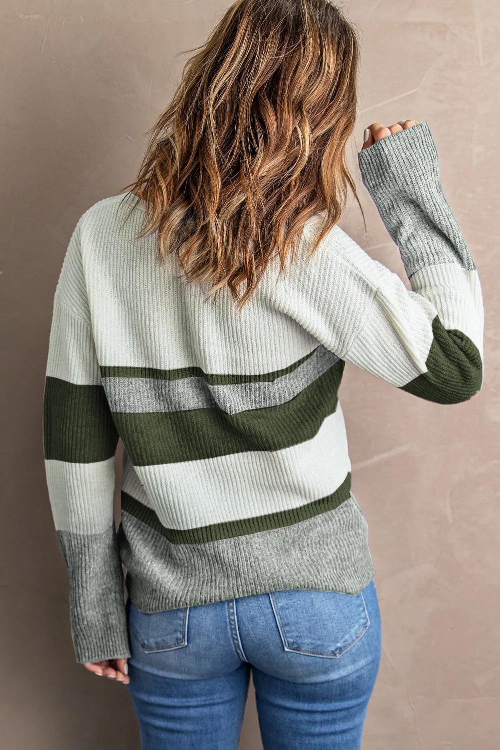 V Neck Button Closure Colorblock Knit Sweater