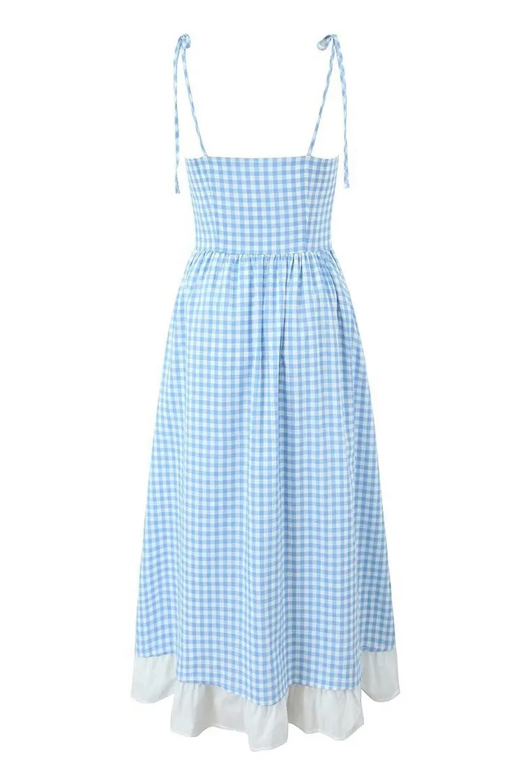 Vintage Gingham Printed Tie Strap Button Up Tiered Ruffle Midi Sundress