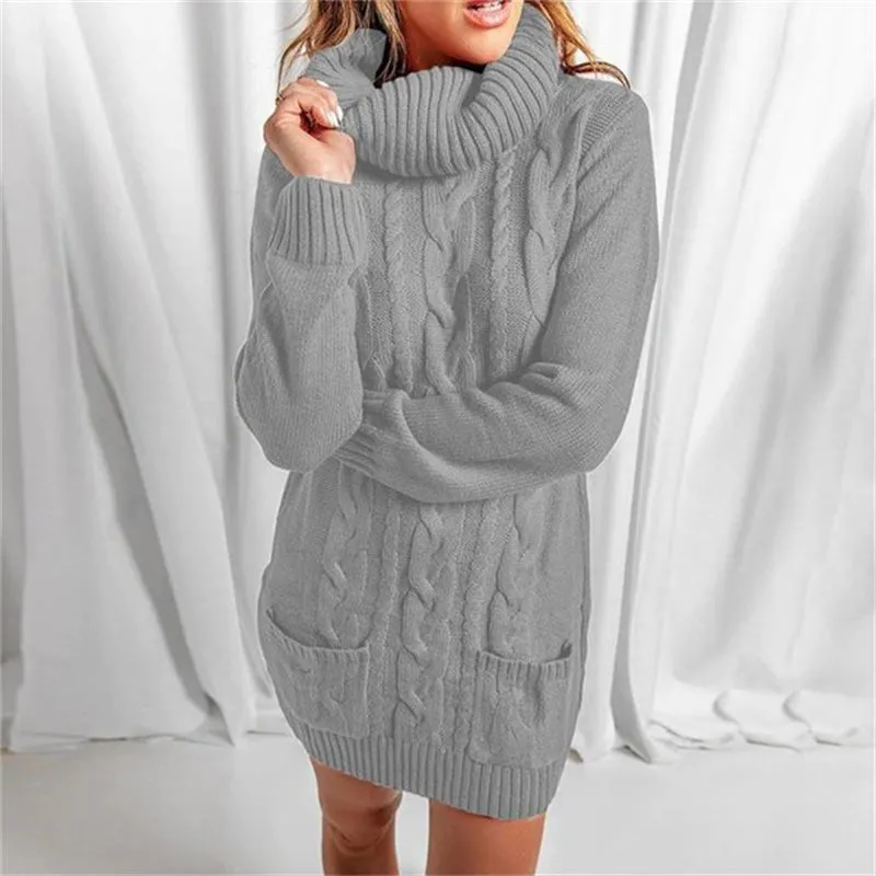 Women Autumn Winter Turtleneck Sweater Dress Long Sleeve Round Neck Knit Dress