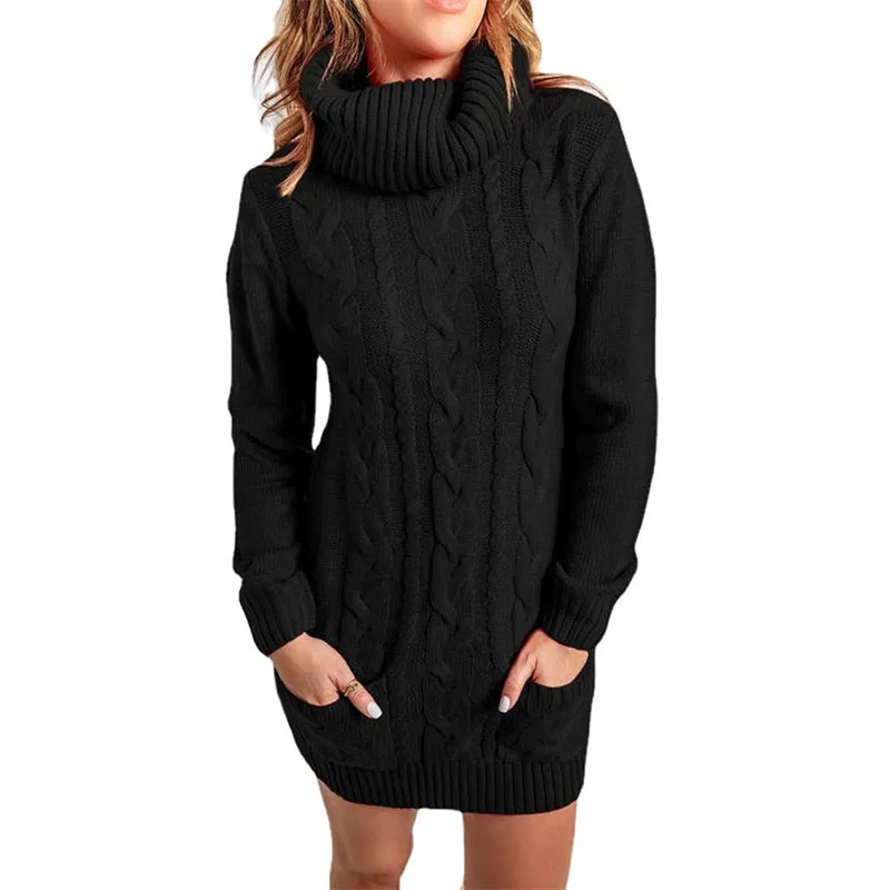 Women Autumn Winter Turtleneck Sweater Dress Long Sleeve Round Neck Knit Dress