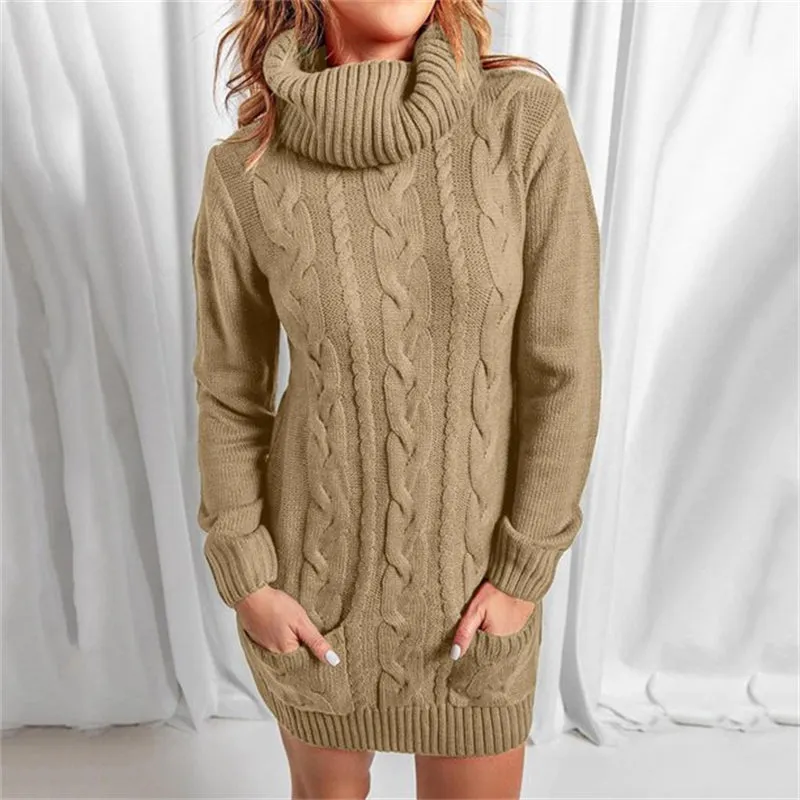 Women Autumn Winter Turtleneck Sweater Dress Long Sleeve Round Neck Knit Dress