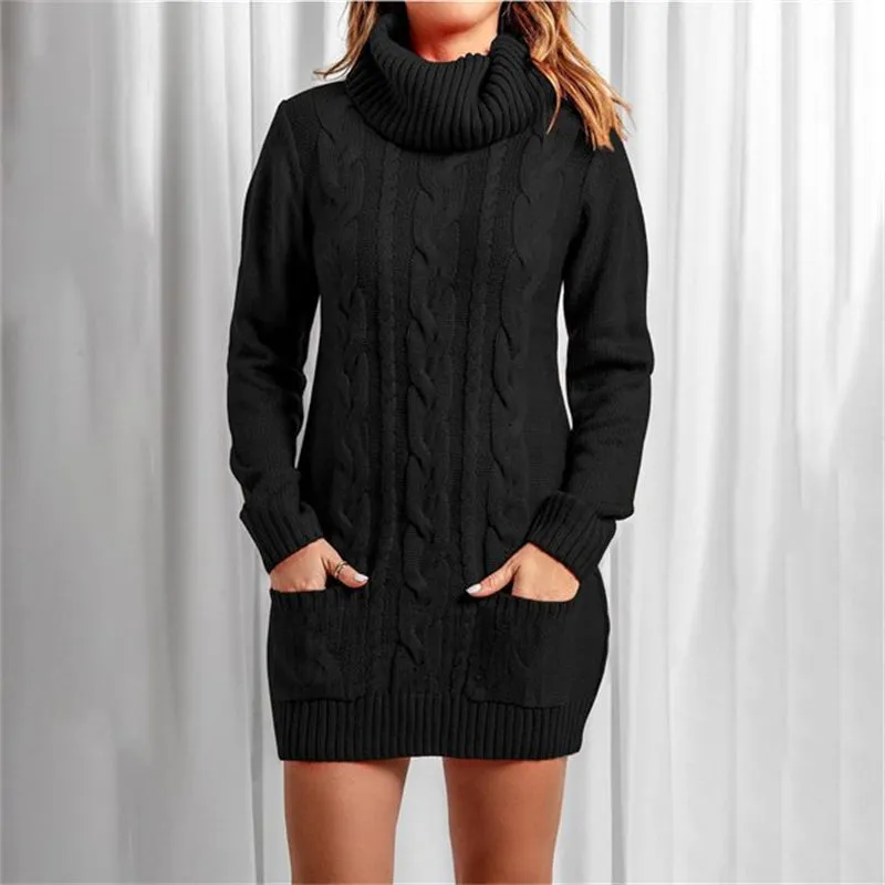 Women Autumn Winter Turtleneck Sweater Dress Long Sleeve Round Neck Knit Dress