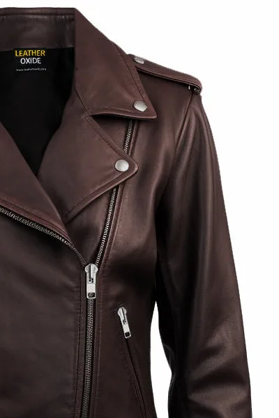 Women Biker Leather Jacket Dark Brown