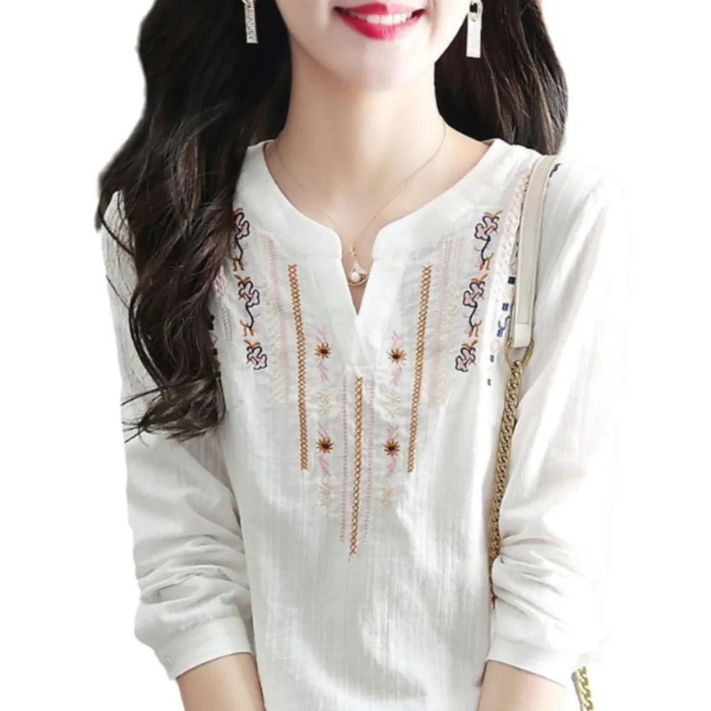 Womens V Neck Embroidery Quarter Sleeve Top